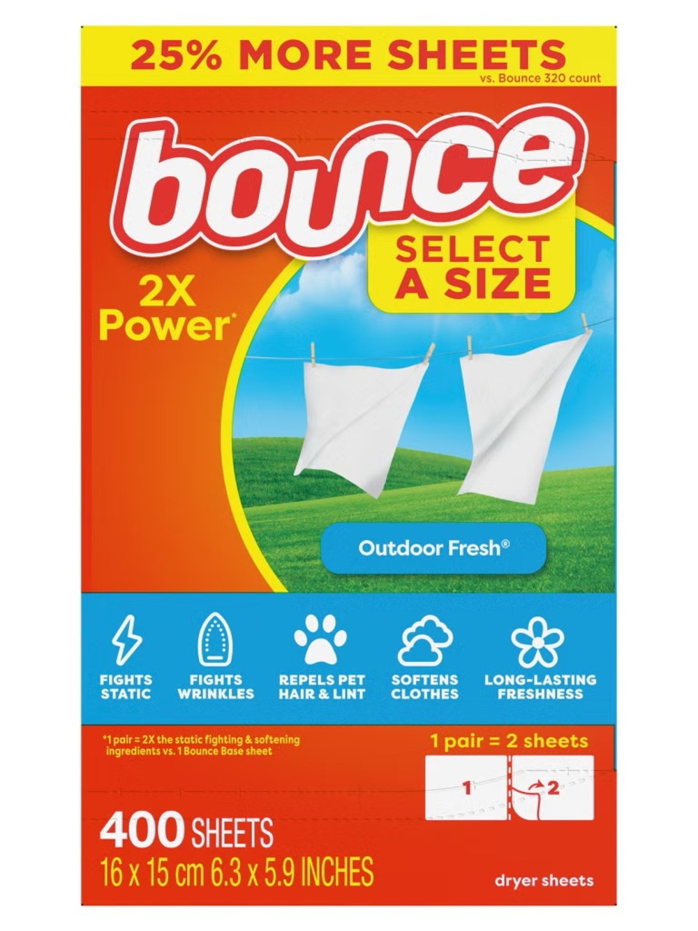 Bounce Select-a-Size 2X Power Fabric Softener Dryer Sheets, Outdoor Fresh, 400ct